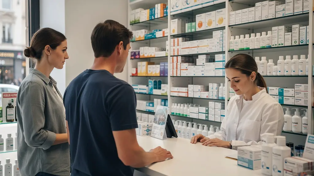 Busy high street pharmacy counter with customers waiting for service