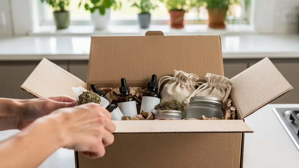 Hands opening delivery box containing natural wellness products in kitchen setting