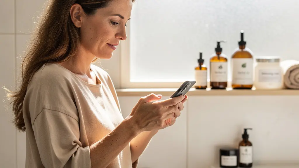 Person verifying online pharmacy credentials on smartphone near bathroom shelf with natural products