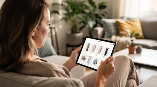 Person browsing natural wellness products on tablet in comfortable living room setting