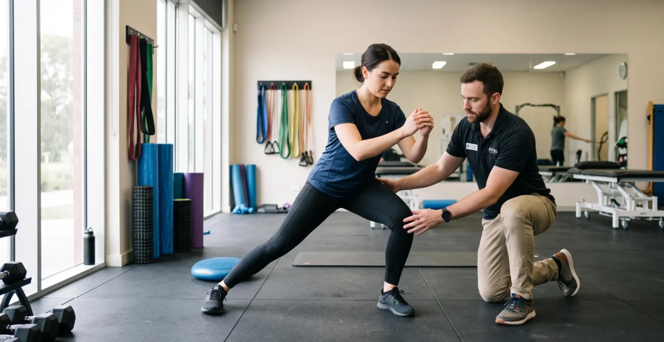 A physiotherapist guides a patient performing a single-leg squat in a rehabilitation gym.