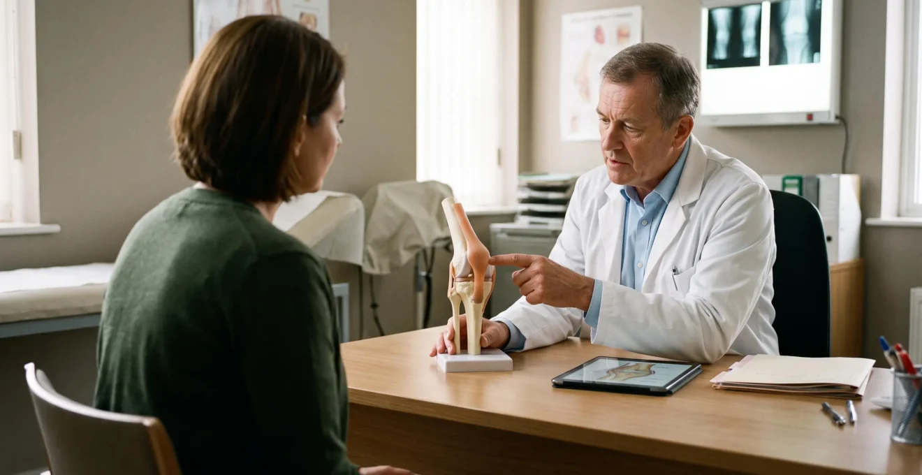 A surgeon explains knee rehabilitation using an anatomy model to a seated patient.