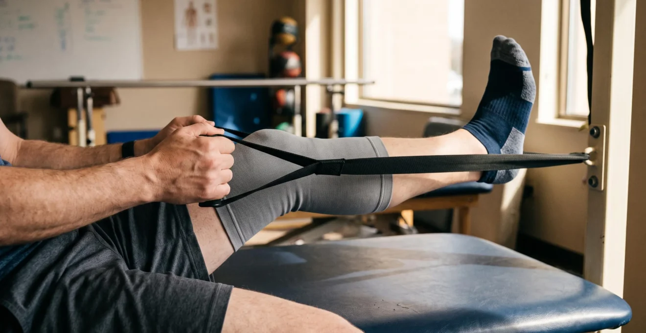 A patient performs a resistance band leg extension exercise on a clinic treatment table.